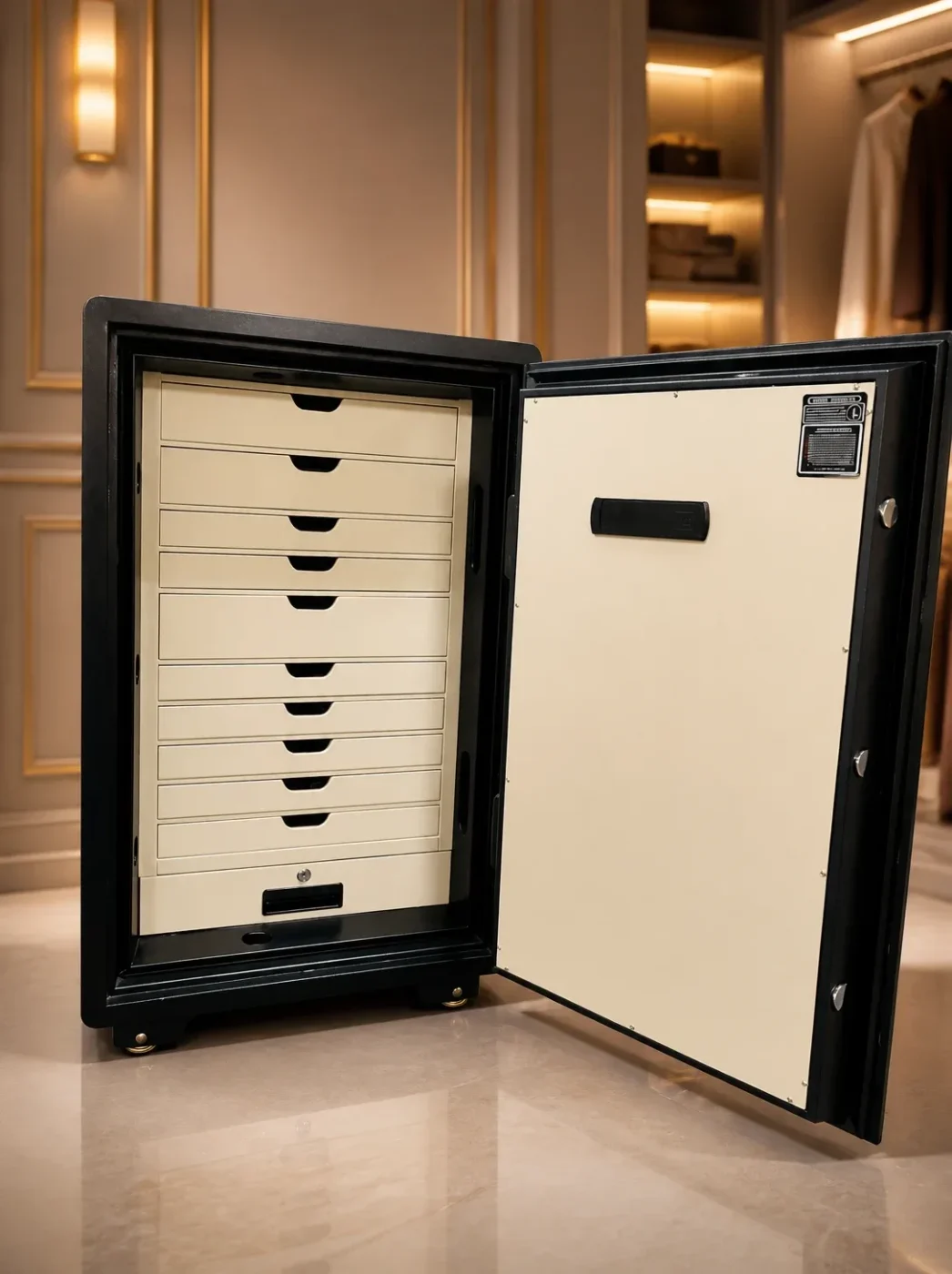 Black & Ivory luxury jewellery safe with 11 drawers