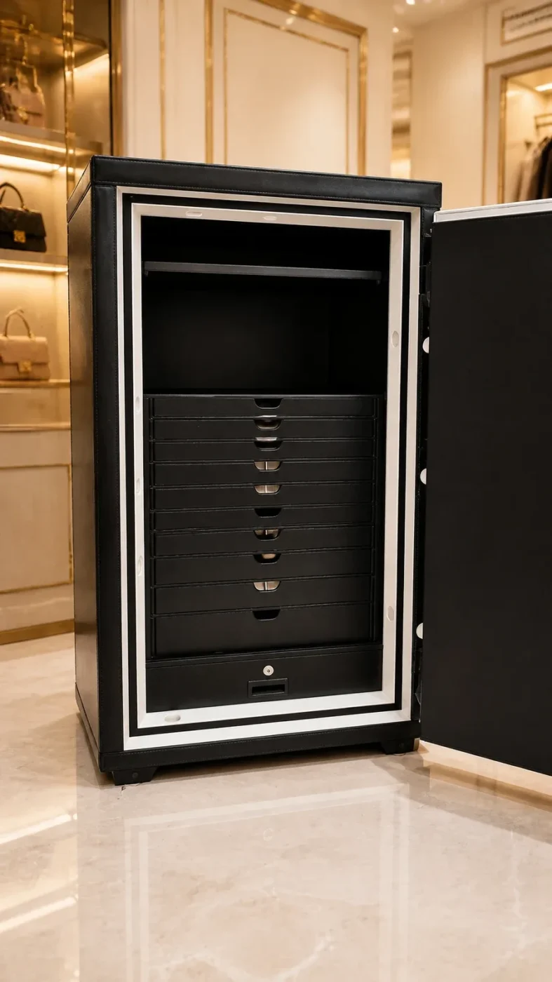 Eagle Black Leather luxury jewellery safe with 9 drawers – certified fire-resistant