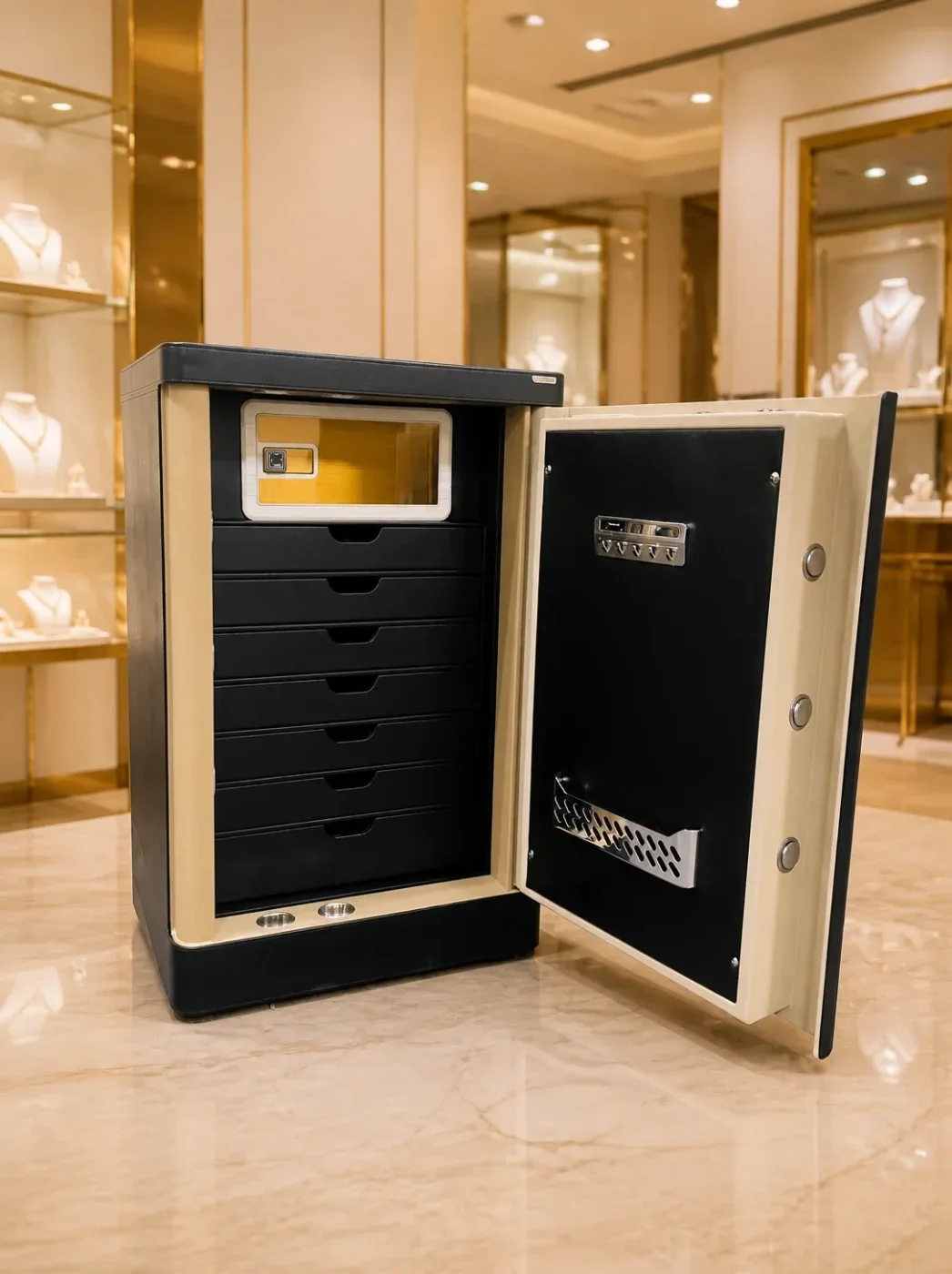 Black Leather & Cream luxury jewellery safe with 7 drawers