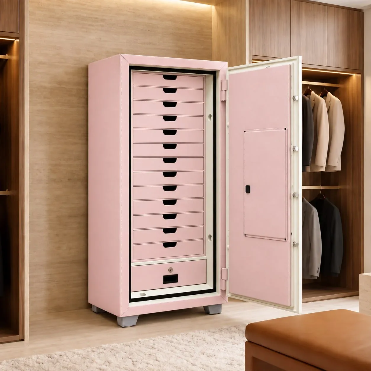 Eagle Blush Pink luxury jewellery safe with 13 drawers – certified fire-resistant