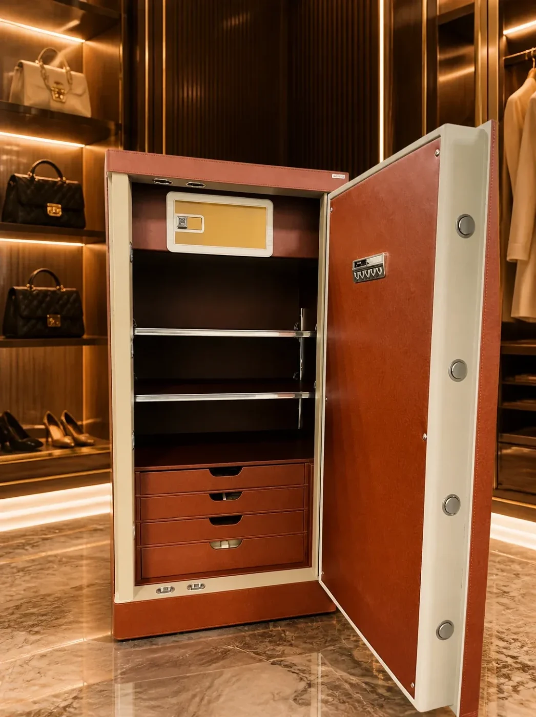 Rust Brown Leather luxury jewellery safe with 4 drawers