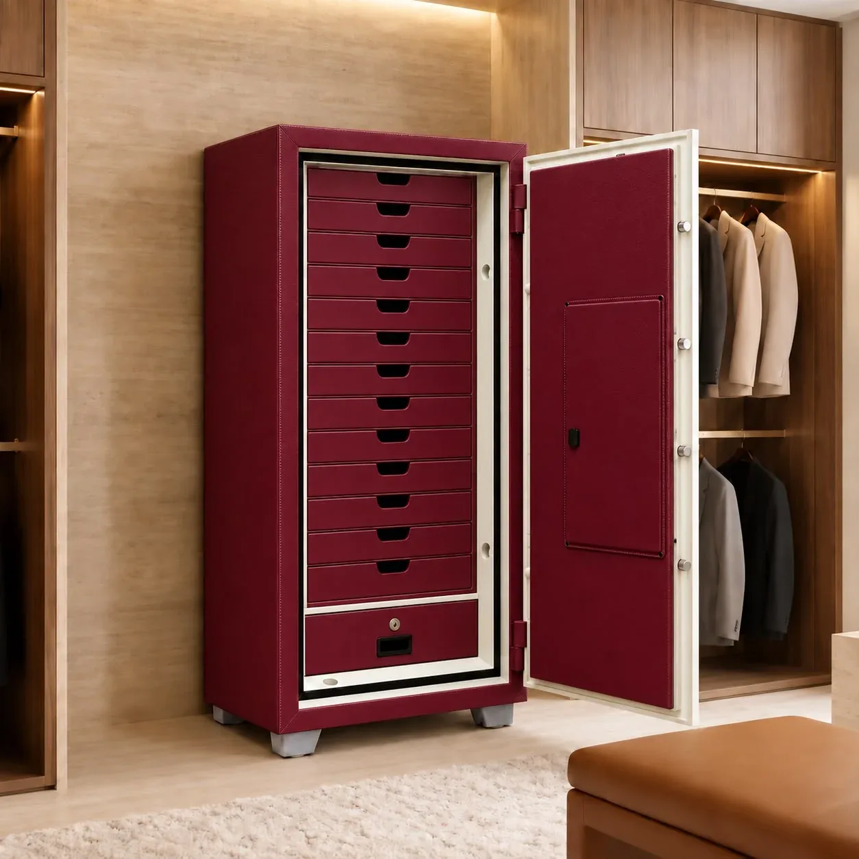 Eagle Burgundy luxury jewellery safe with 13 drawers – certified fire-resistant