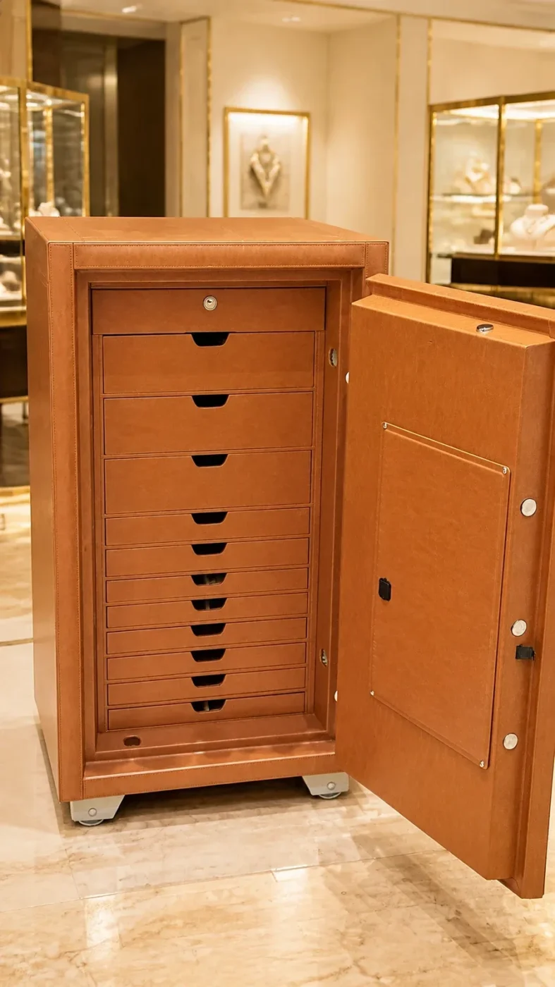 Caramel Leather luxury jewellery safe with 11 drawers