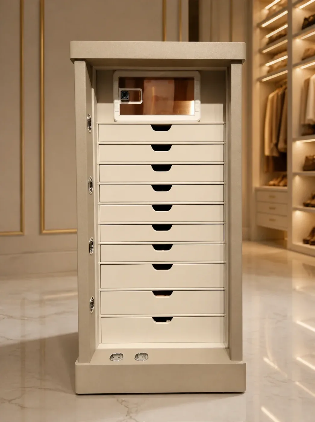Champagne Beige & Gold Velvet luxury jewellery safe with 10 drawers