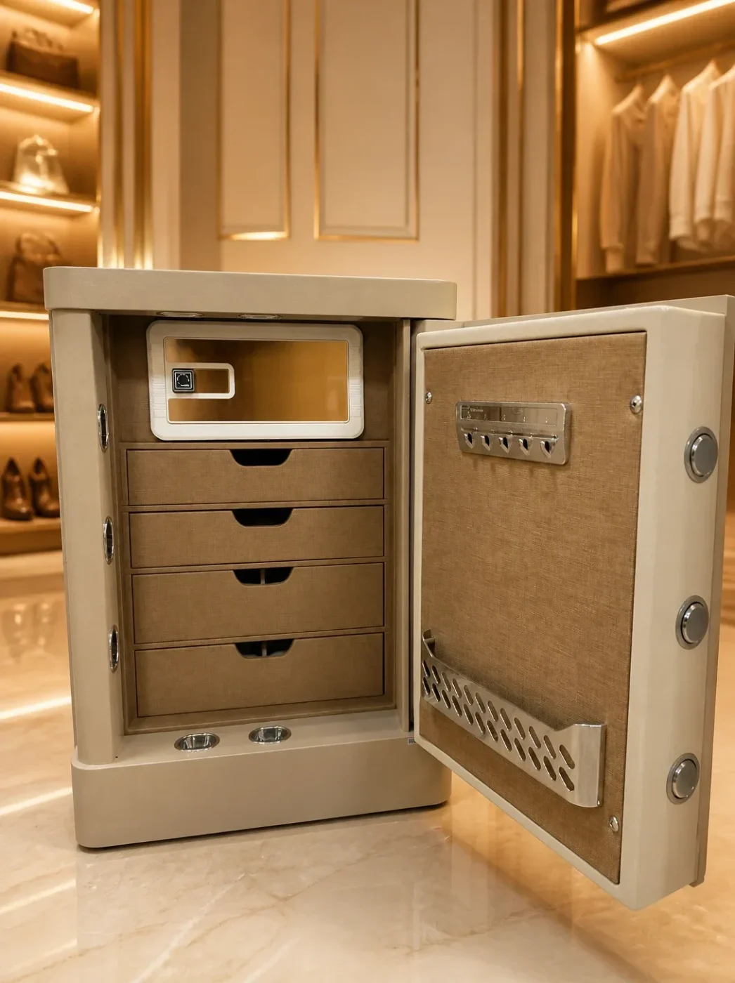 Champagne Compact luxury jewellery safe with 4 drawers
