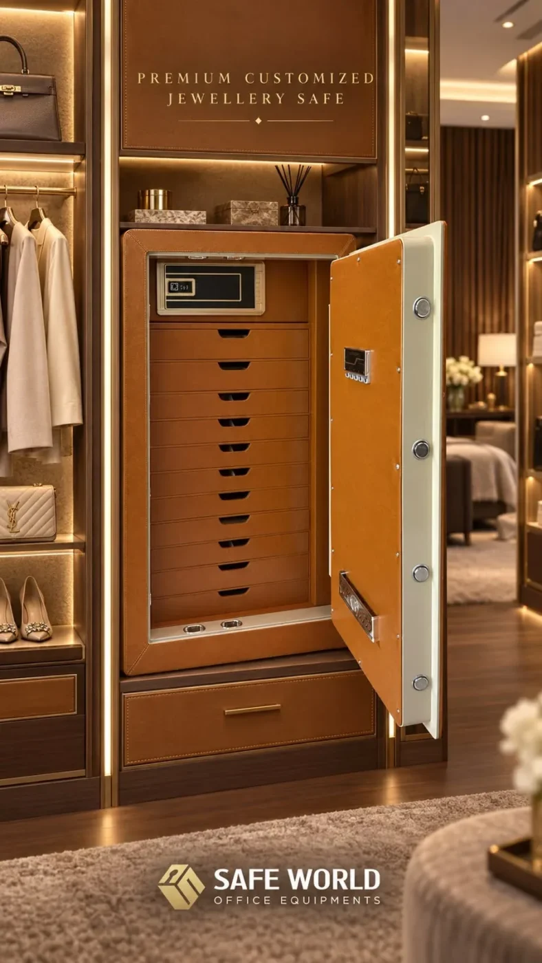 Cognac Leather luxury jewellery safe with 11 drawers