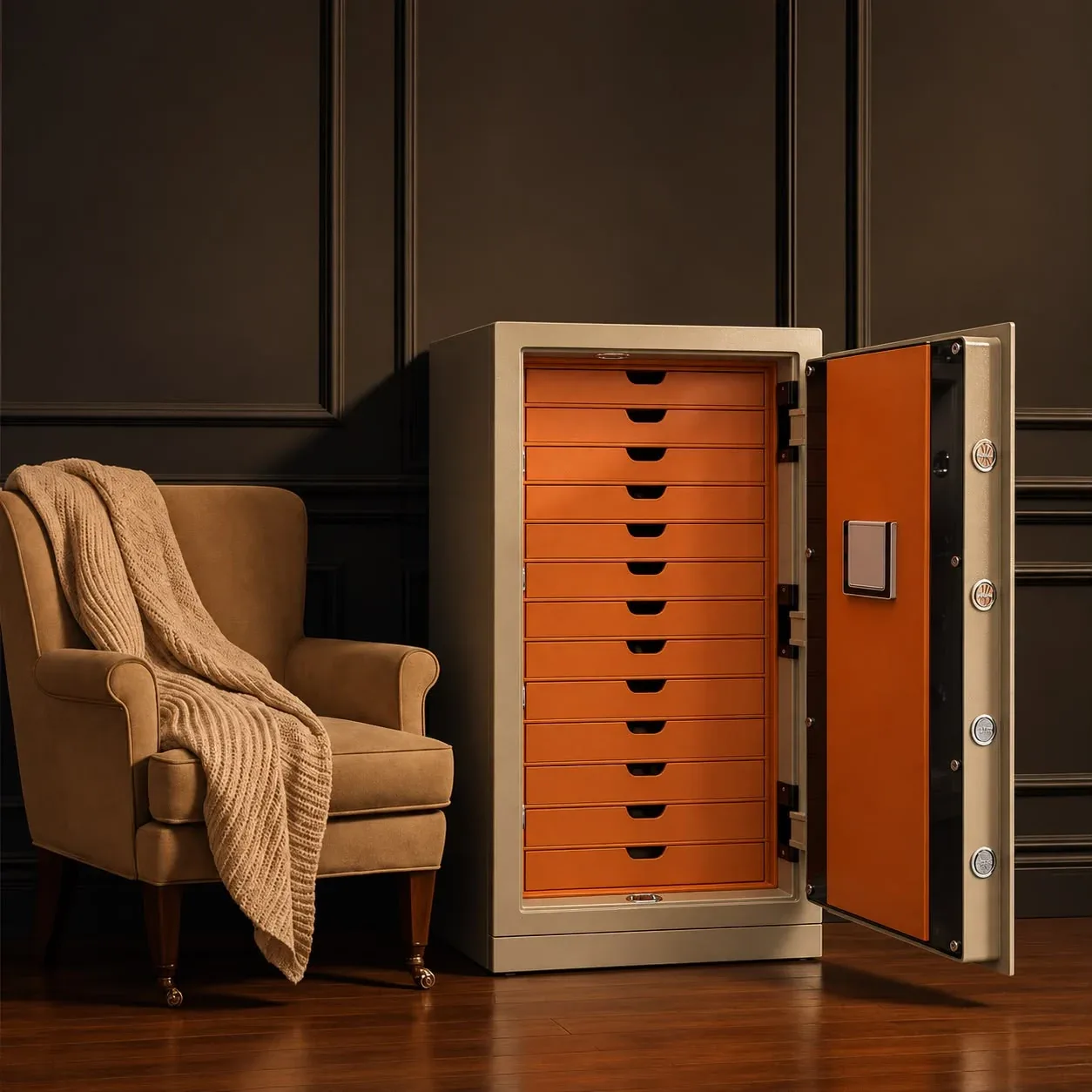 Cream & Orange luxury jewellery safe with 13 drawers