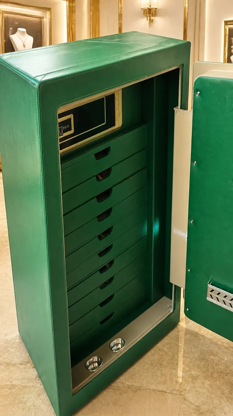 Emerald Green Leather luxury jewellery safe with 10 drawers