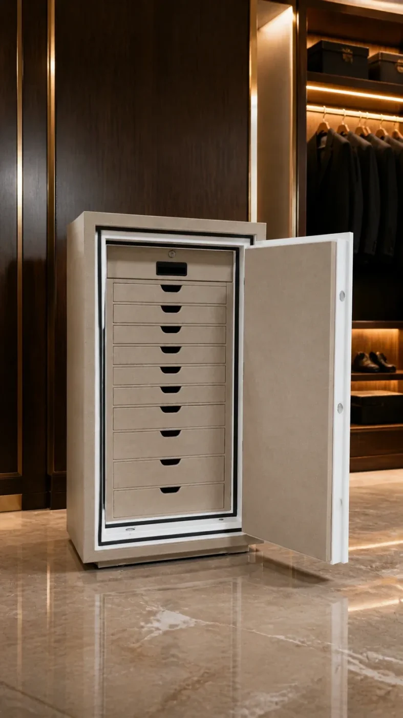 Valberg Beige Leather luxury jewellery safe with 7 drawers – certified fire-resistant – 3