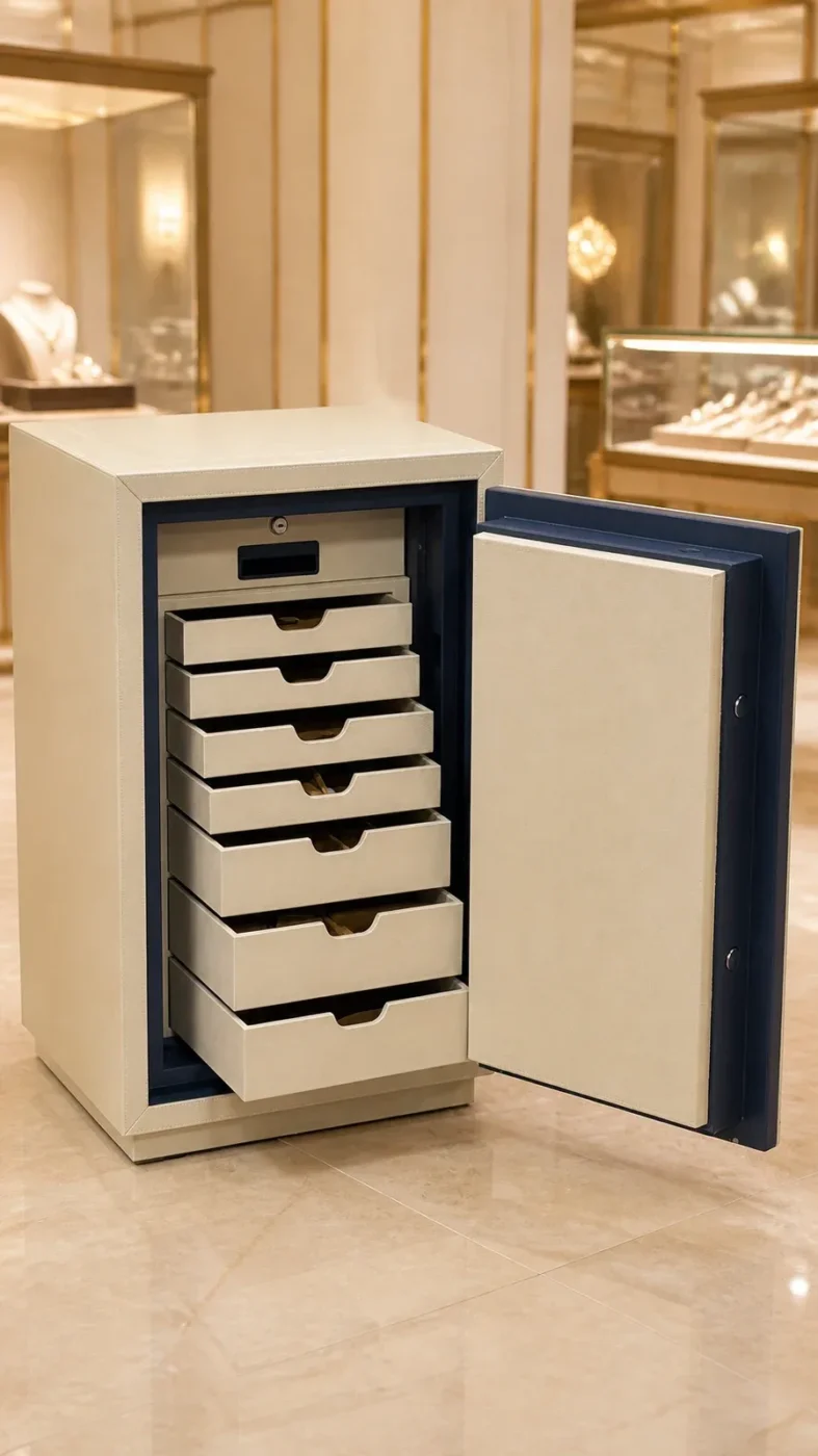 Valberg Beige Leather luxury jewellery safe with 7 drawers – certified fire-resistant