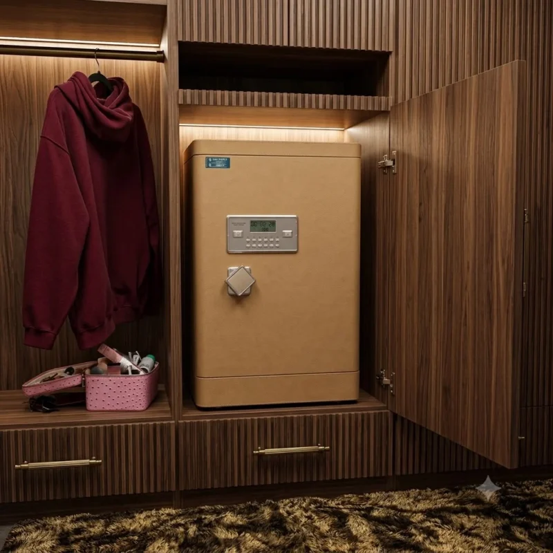 Gold-coloured jewellery safe with a digital keypad installed inside a wardrobe