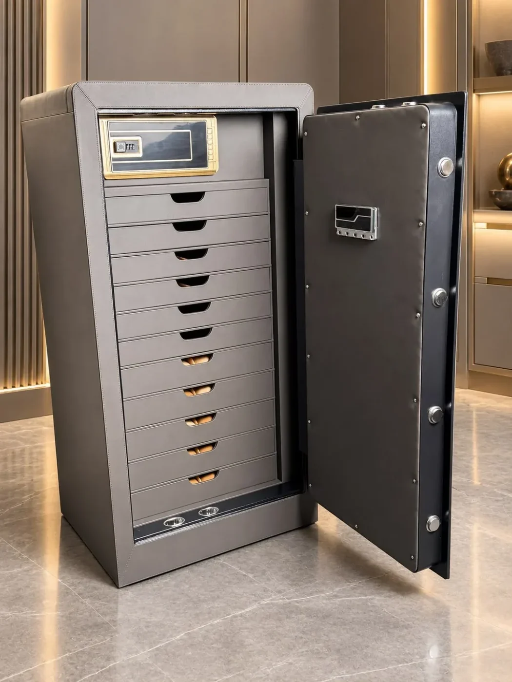 Graphite luxury jewellery safe with 11 drawers