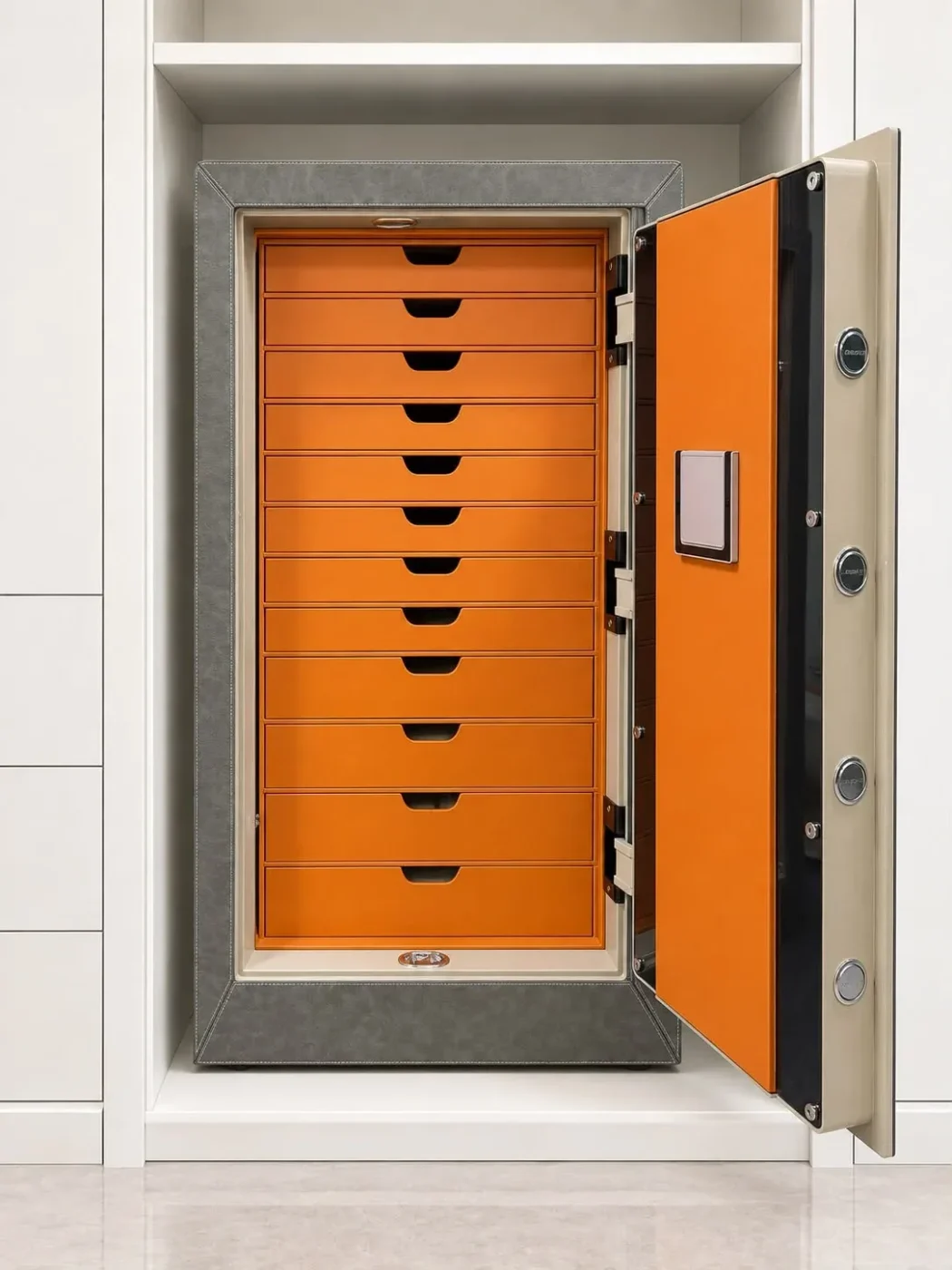 Grey & Orange Built-in luxury jewellery safe with 12 drawers