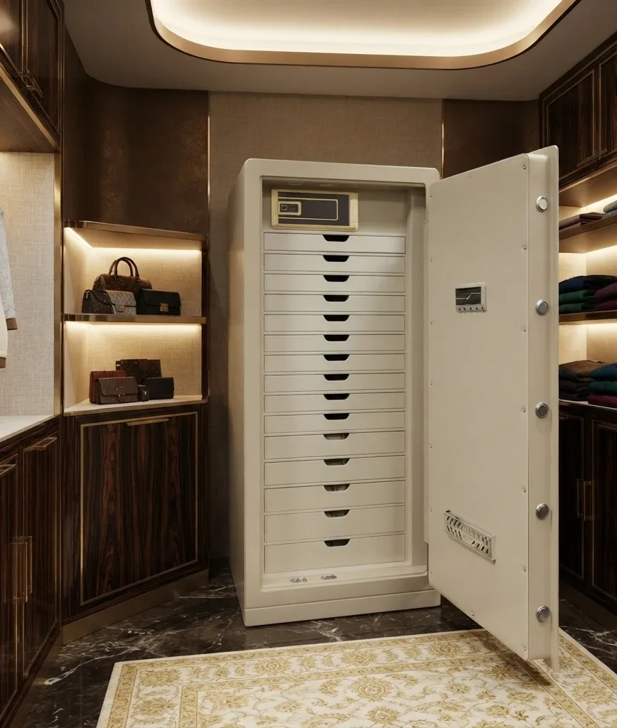 Ivory Grand luxury jewellery safe with 15 drawers