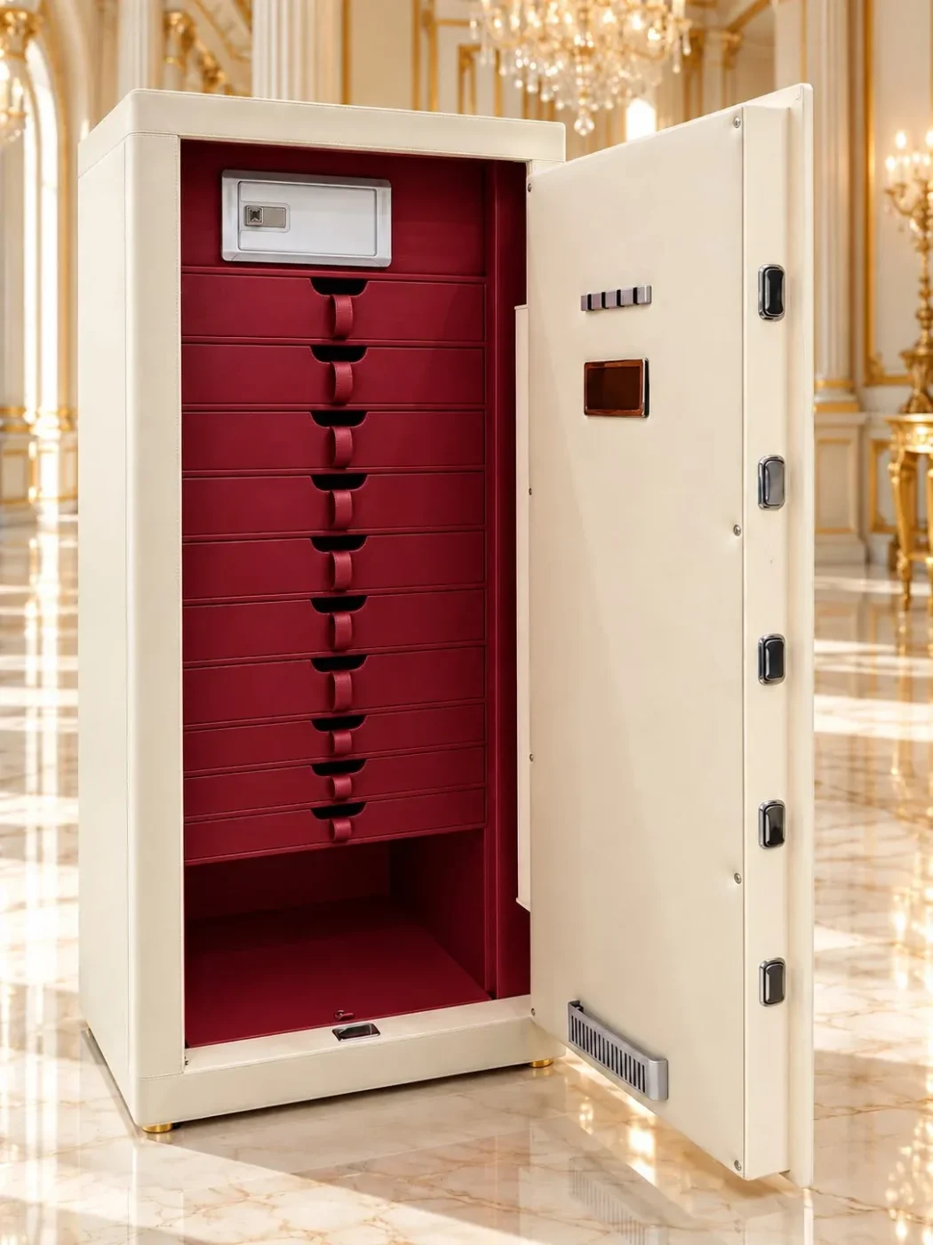 Ivory & Burgundy luxury jewellery safe with 10 drawers