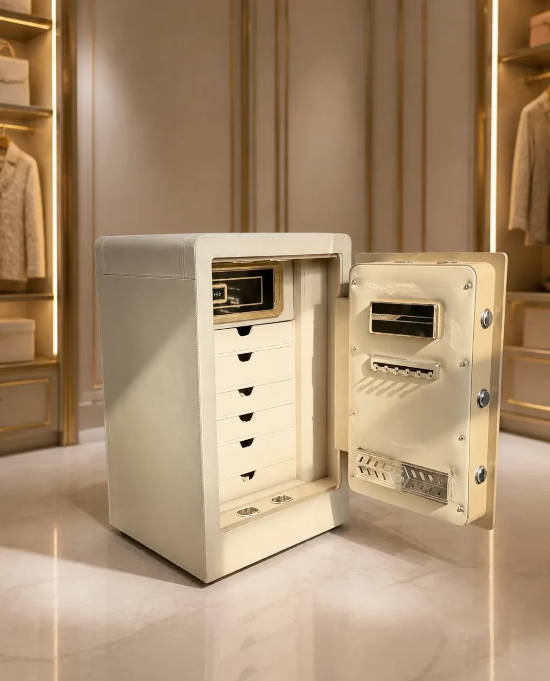 Ivory Cream Leather luxury jewellery safe with 6 drawers