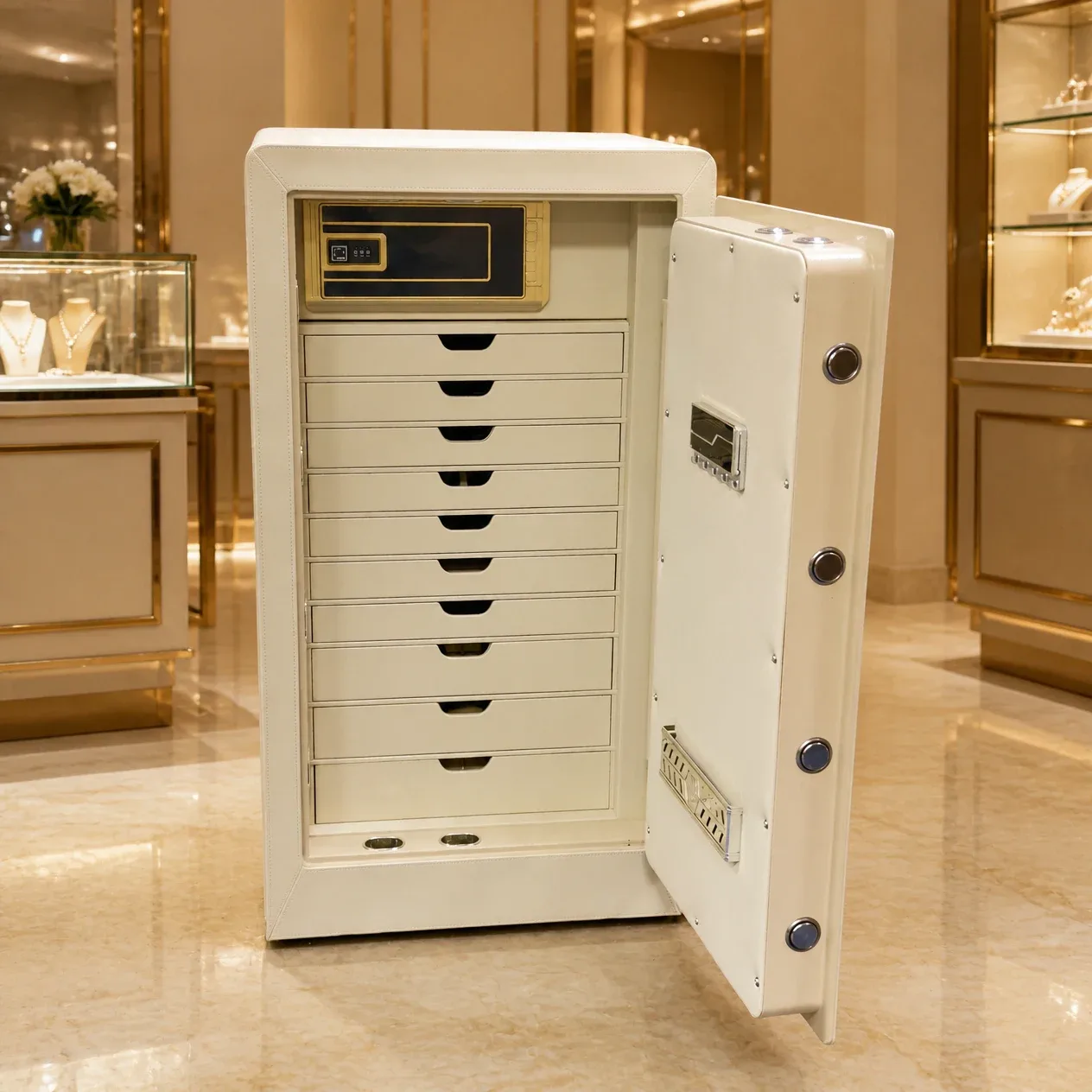 Ivory Leather luxury jewellery safe with 10 drawers