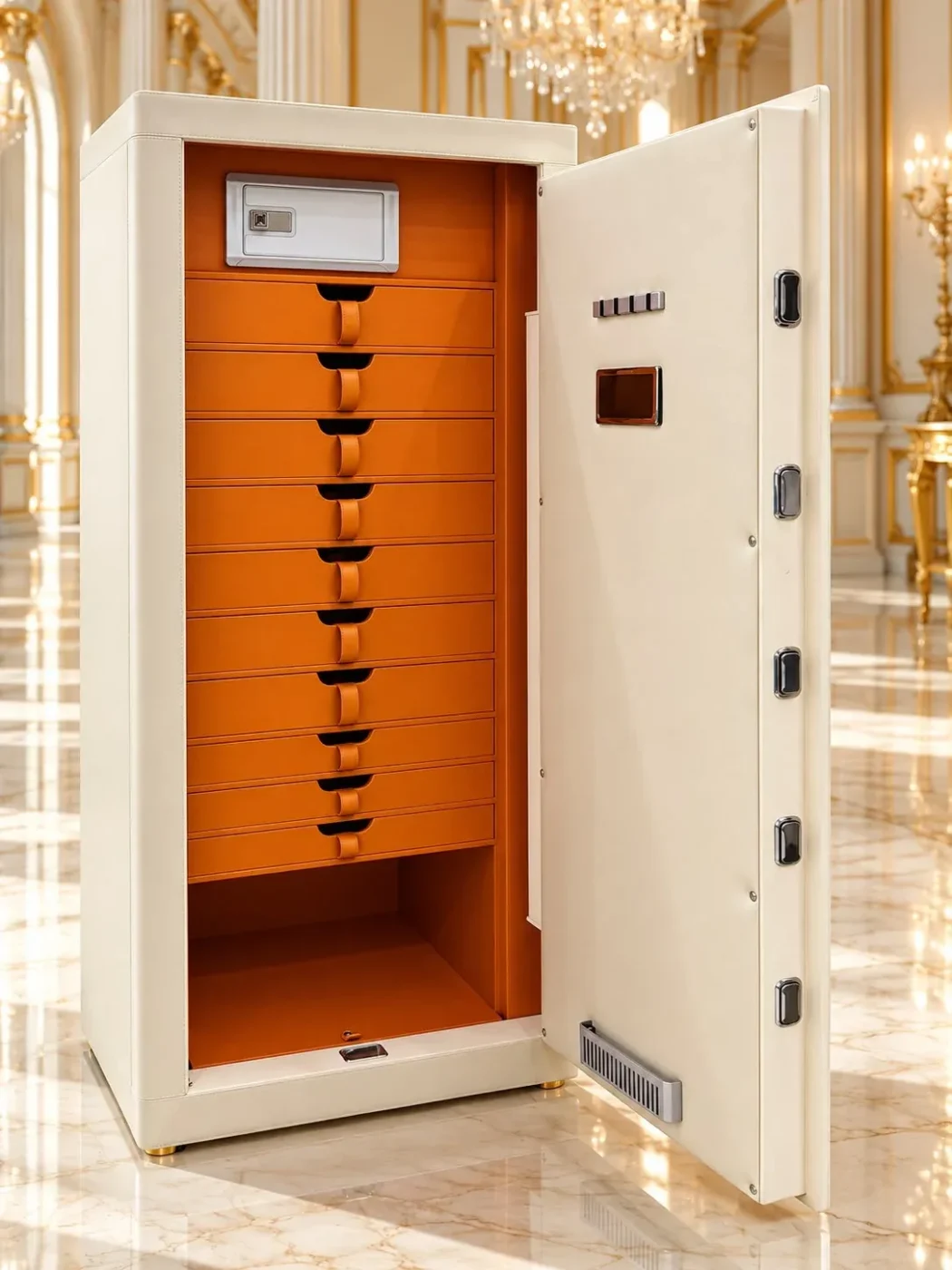 Ivory & Orange luxury jewellery safe with 10 drawers
