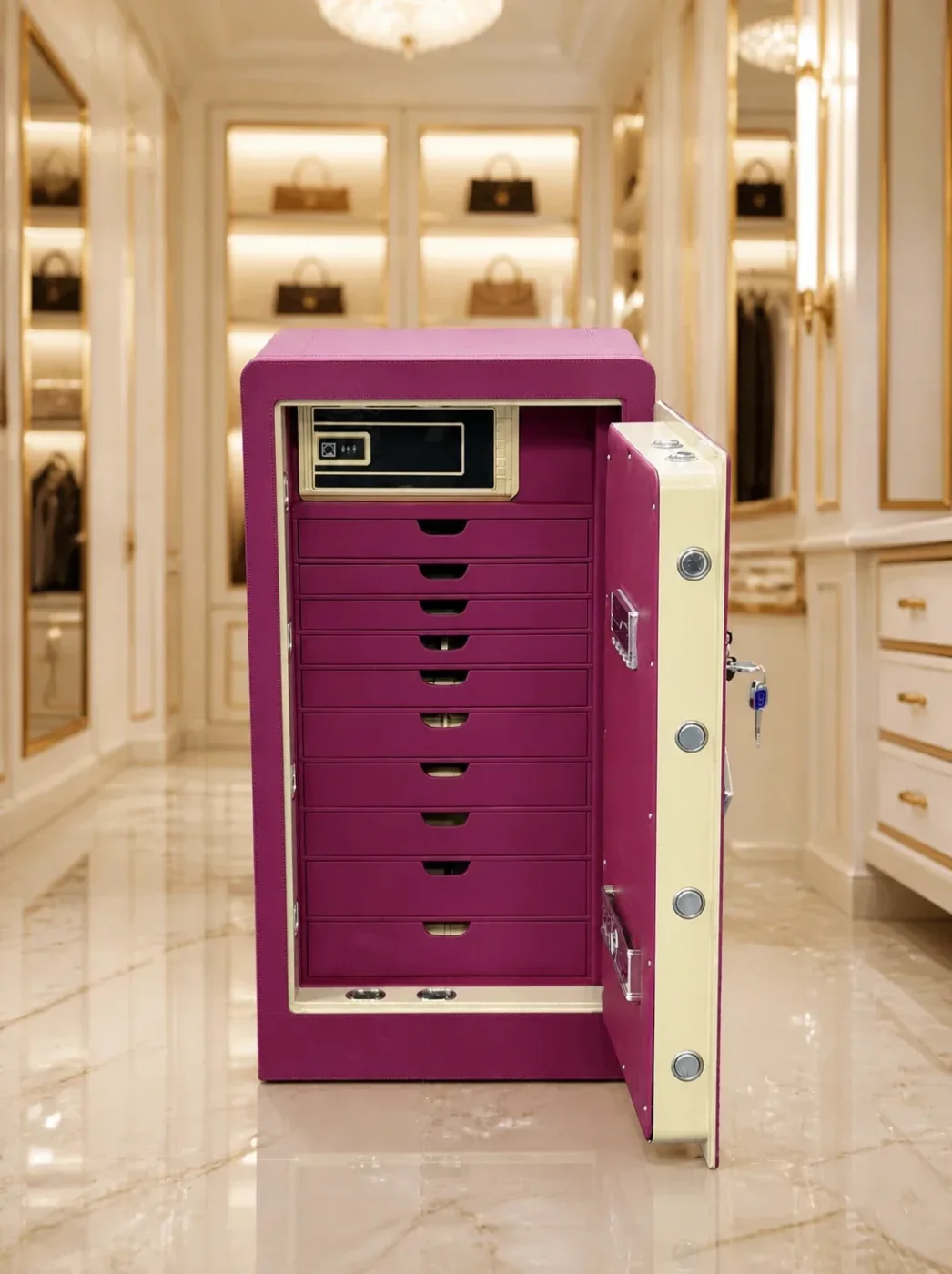 Magenta Leather luxury jewellery safe with 10 drawers
