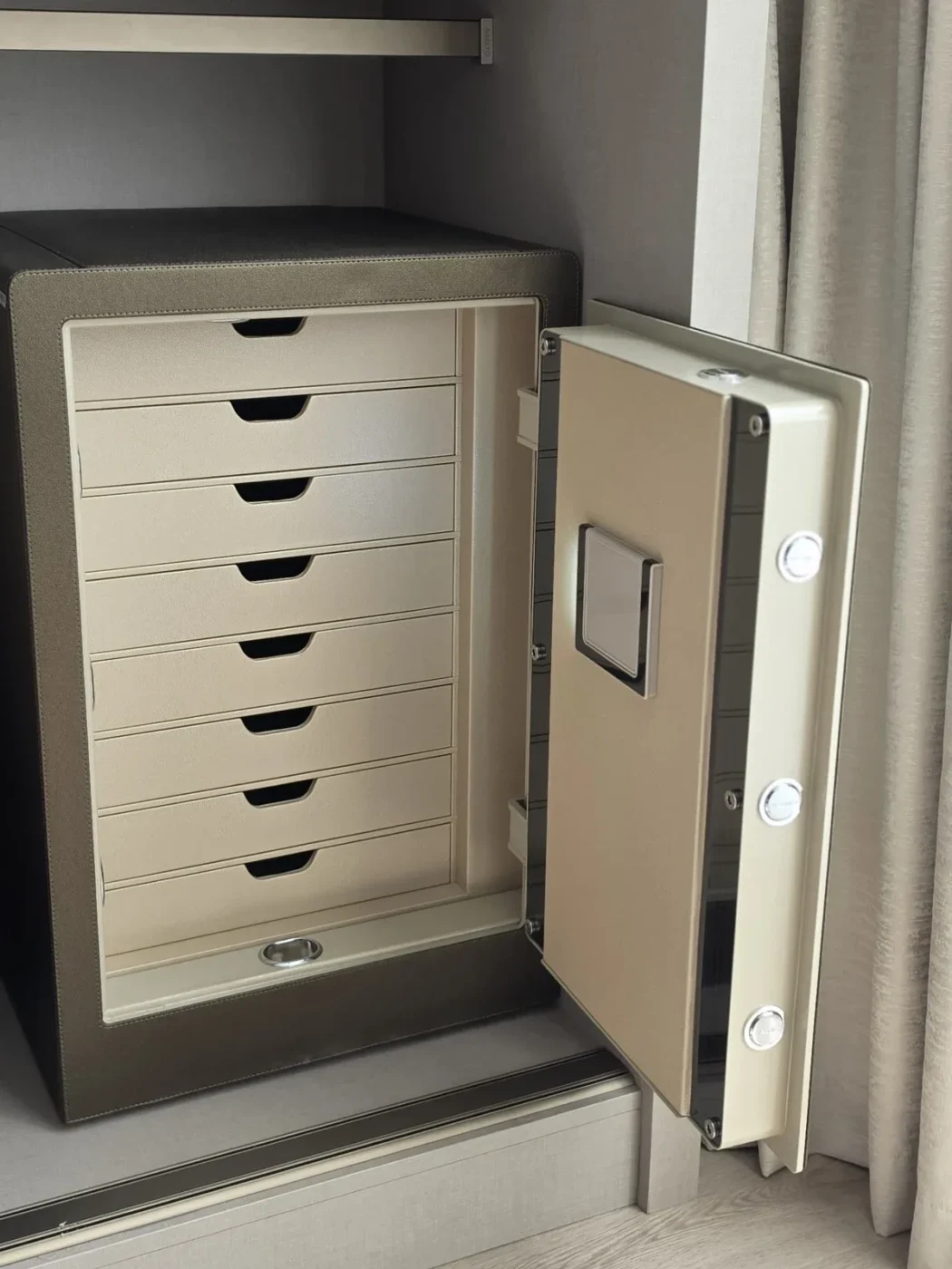 Mocha Brown & Cream luxury jewellery safe with 8 drawers