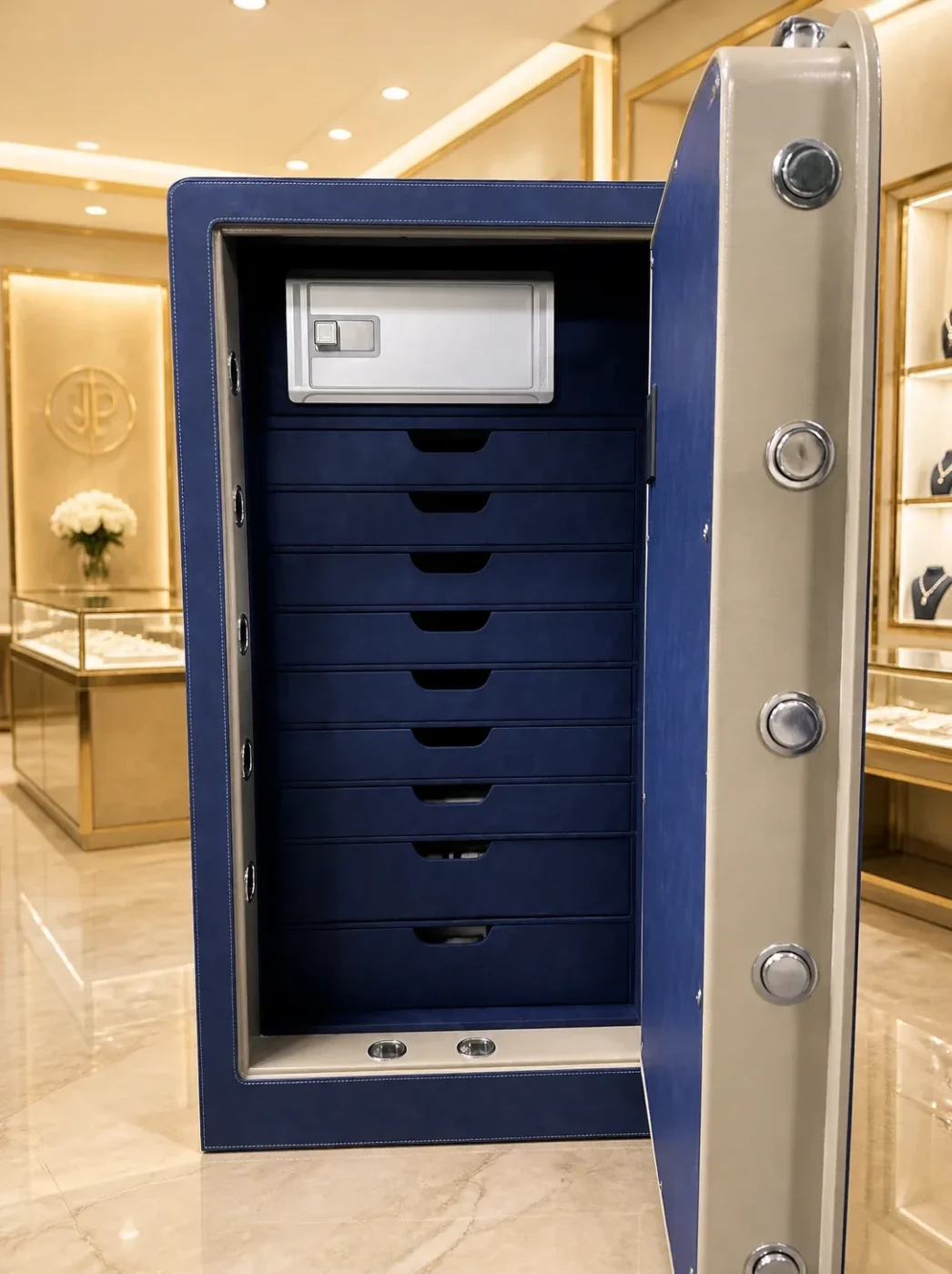 Navy Blue Leather luxury jewellery safe with 9 drawers