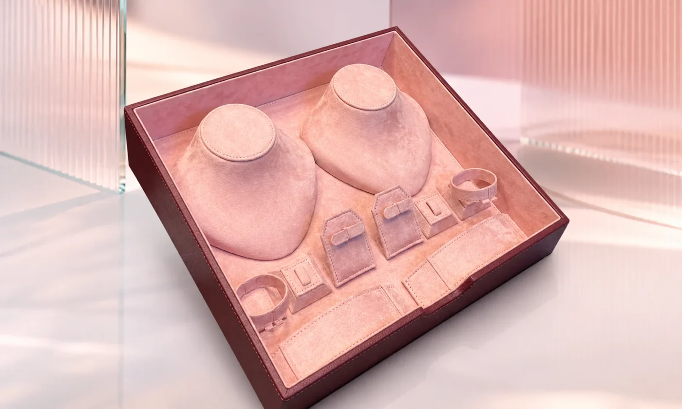 Pink velvet jewellery organiser with compartments for necklaces, rings and earrings