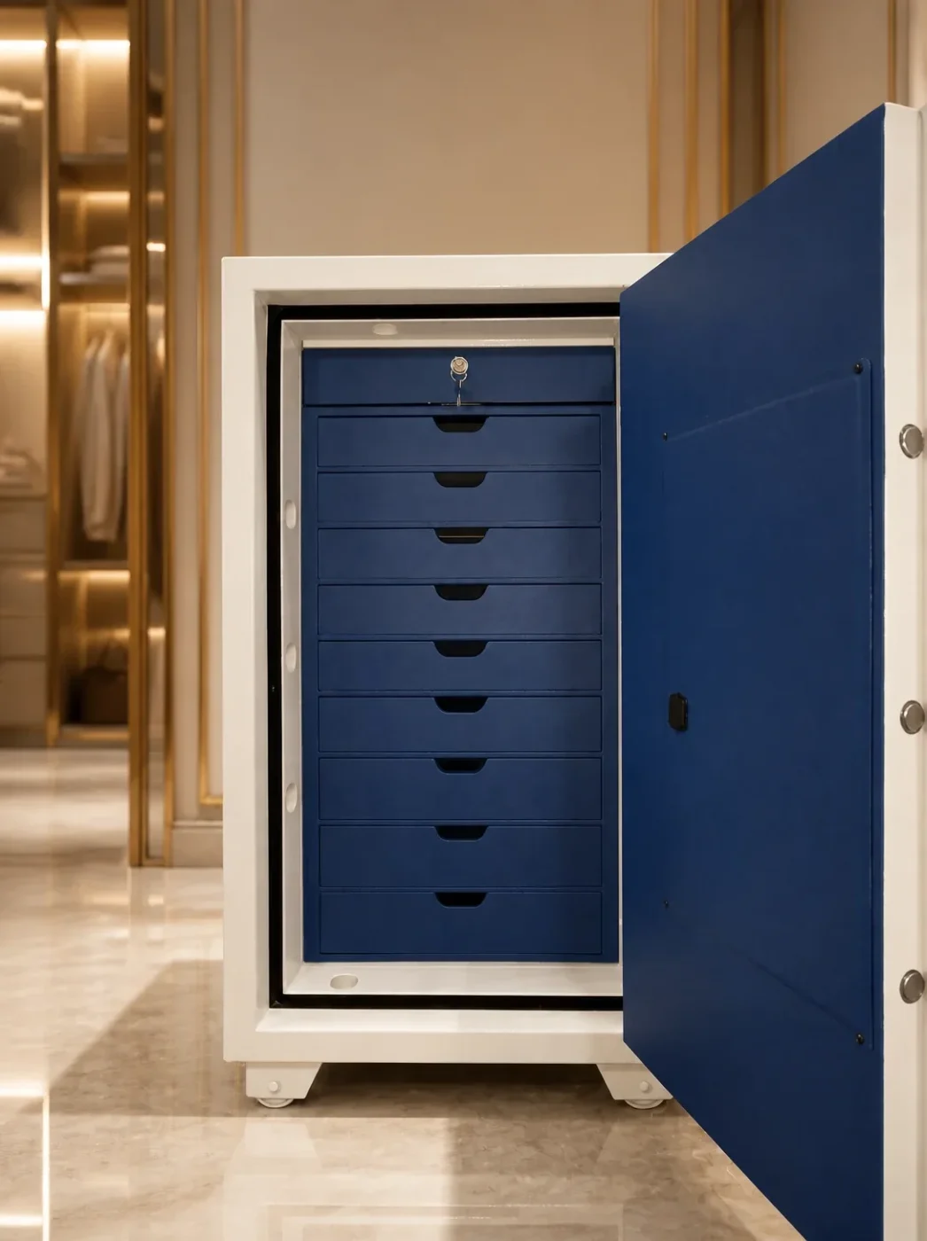 Eagle Royal Blue luxury jewellery safe with 10 drawers – certified fire-resistant