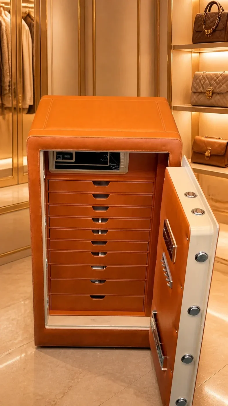 Saddle Tan Leather luxury jewellery safe with 10 drawers