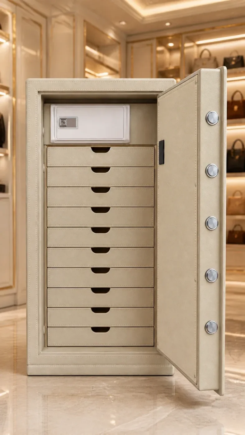 Sand Beige Leather luxury jewellery safe with 10 drawers