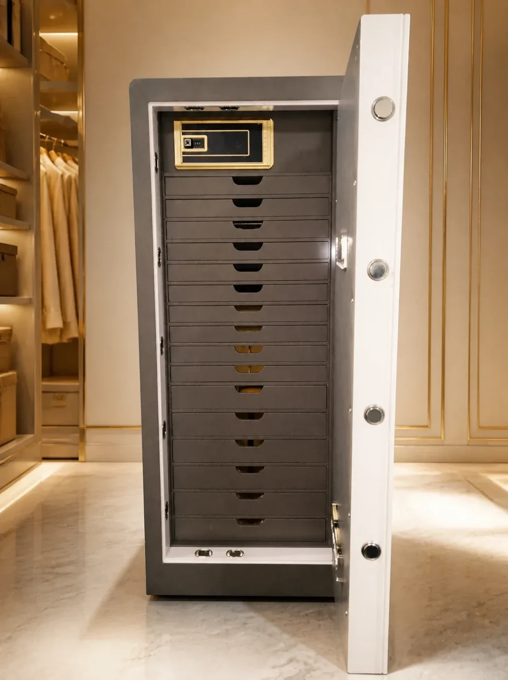 Stone Grey Grand luxury jewellery safe with 16 drawers