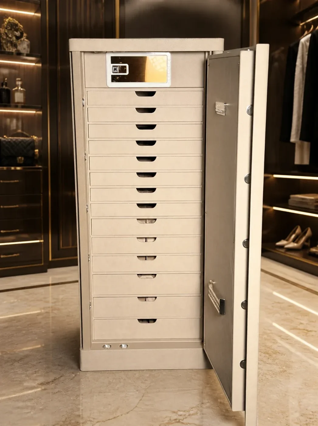Tall Beige Leather luxury jewellery safe with 14 drawers