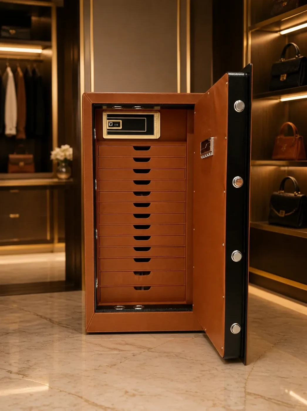 Tan Leather luxury jewellery safe with 13 drawers