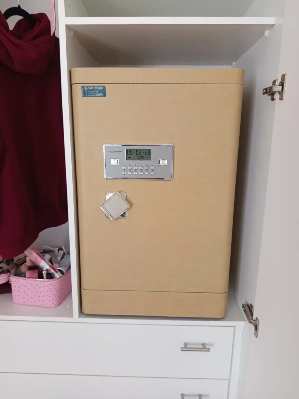 Taupe Grey Leather luxury jewellery safe with 9 drawers