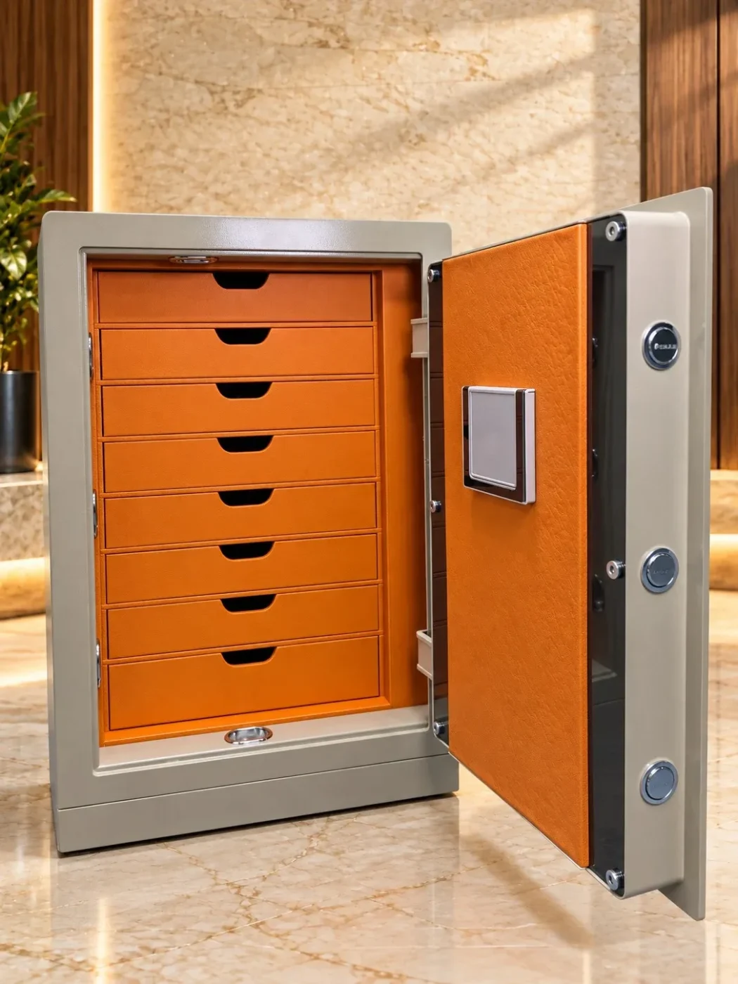 Taupe, Orange & Blue Velvet luxury jewellery safe with 8 drawers
