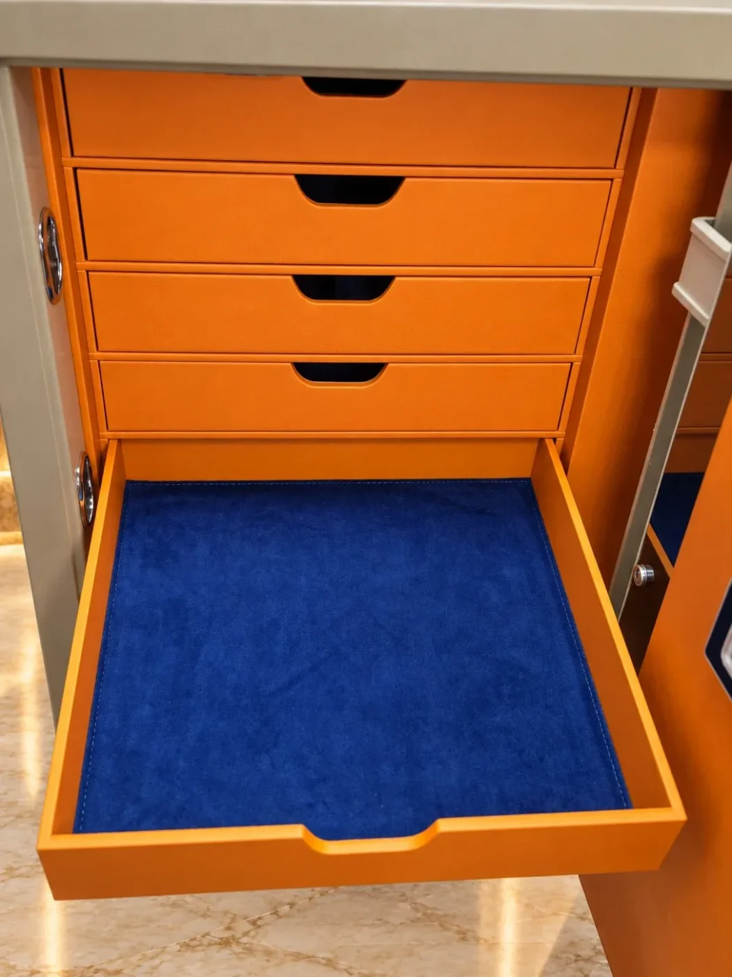 Taupe, Orange & Blue Velvet luxury jewellery safe with 8 drawers – 3