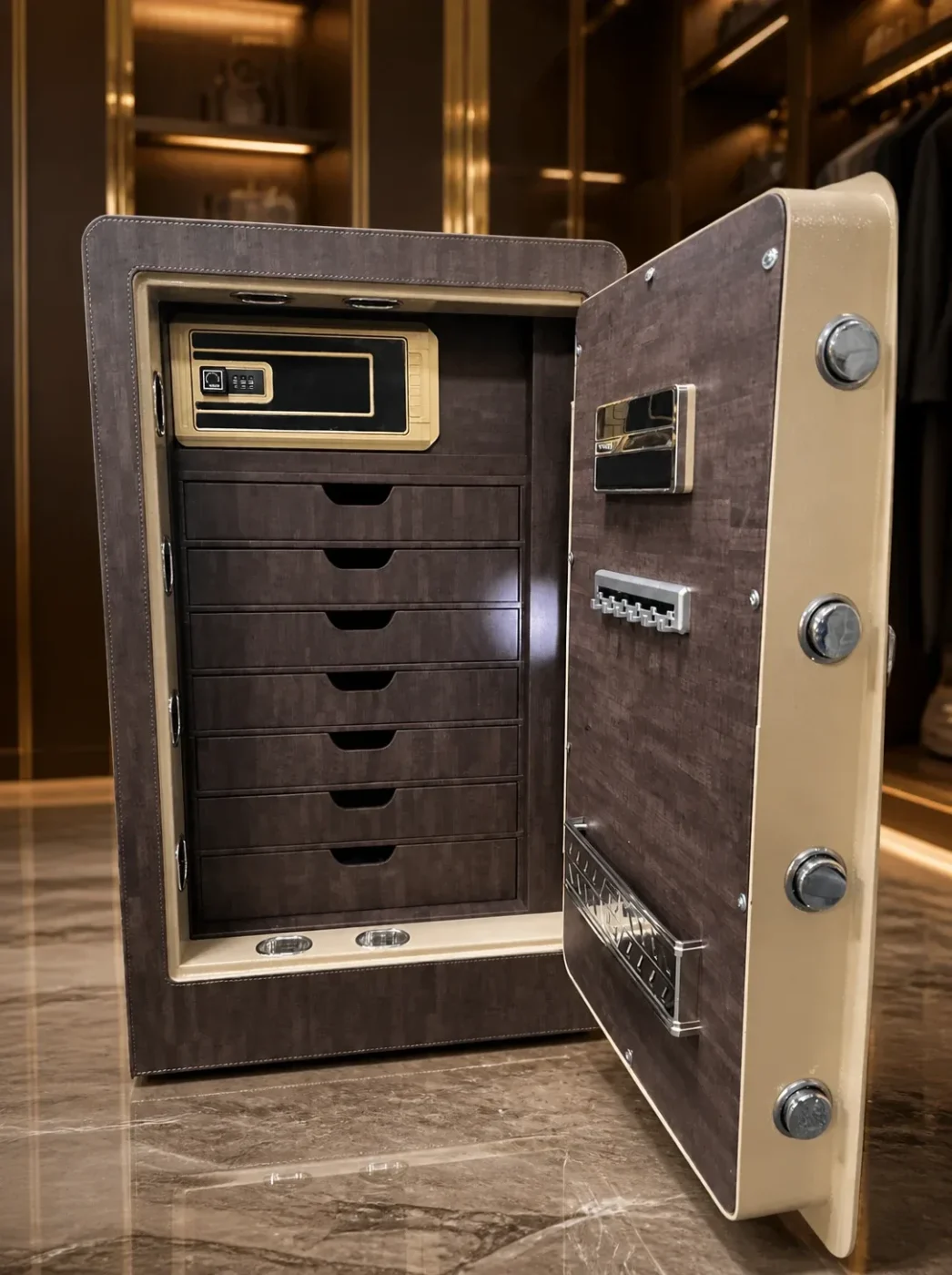 Walnut Brown luxury jewellery safe with 7 drawers