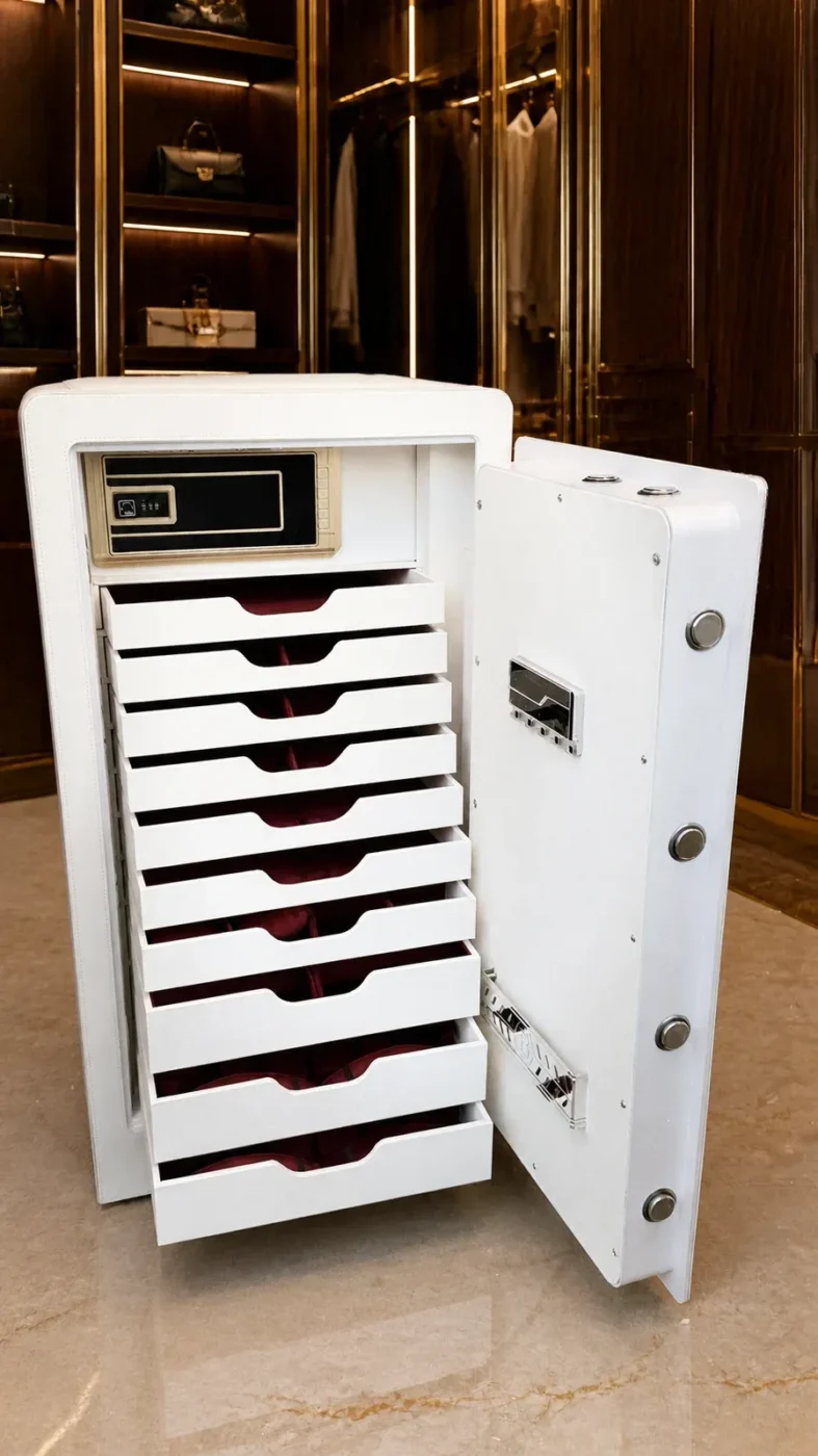 White & Burgundy Velvet luxury jewellery safe with 10 drawers