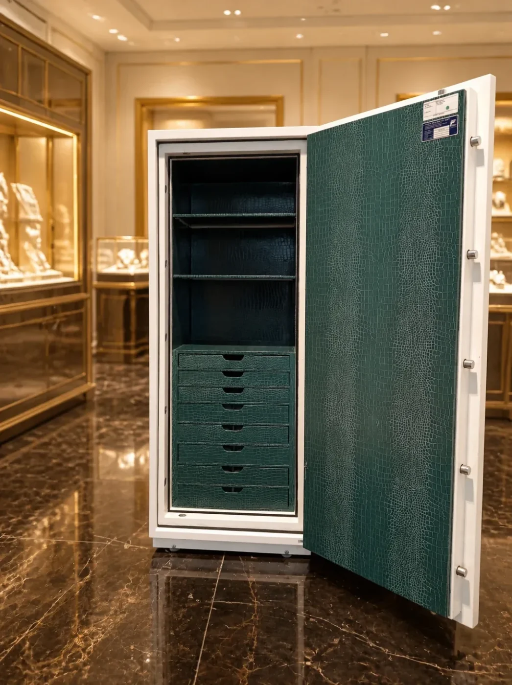 Valberg White & Emerald Croc luxury jewellery safe with 8 drawers – certified fire-resistant