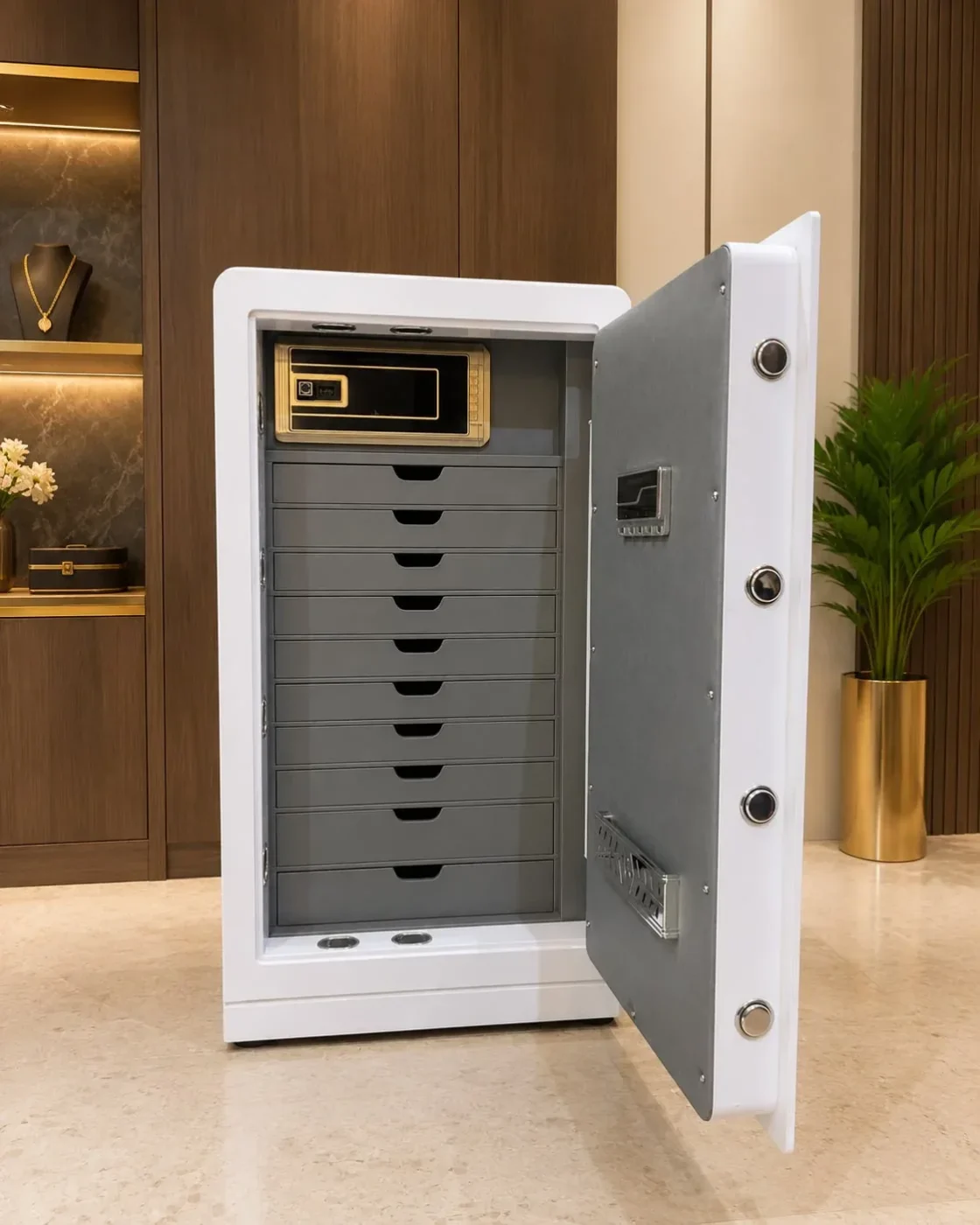 White & Grey luxury jewellery safe with 10 drawers